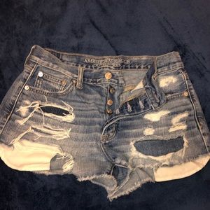 High waisted medium wash denim shorts